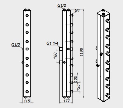Монтажные размеры Гидравлического коллектора вертикального 5 контуров Zota